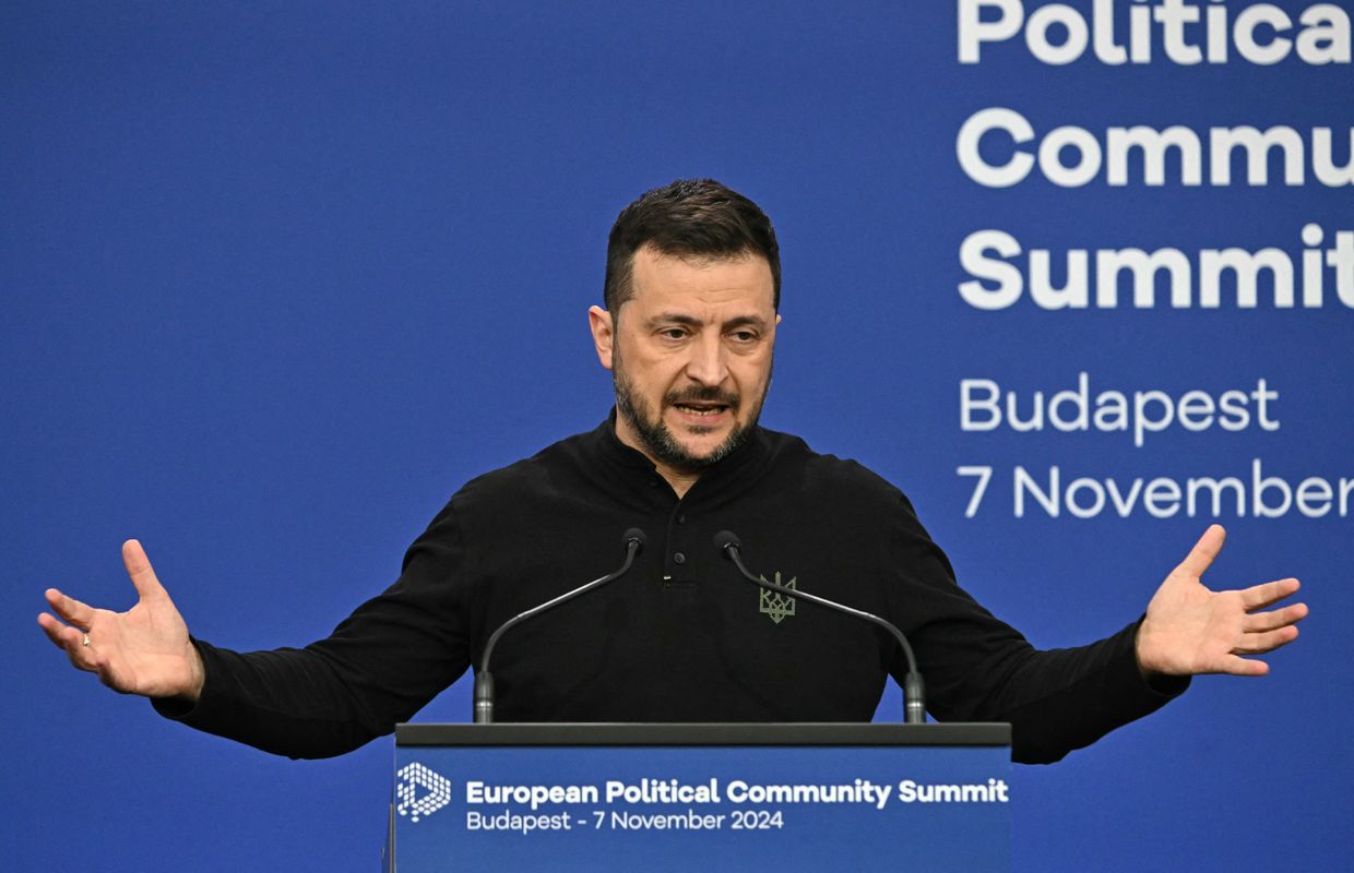 Ukraine's President Volodymyr Zelensky speaks at a press conference during the European Political Community Summit in Budapest on Nov. 7, 2024.