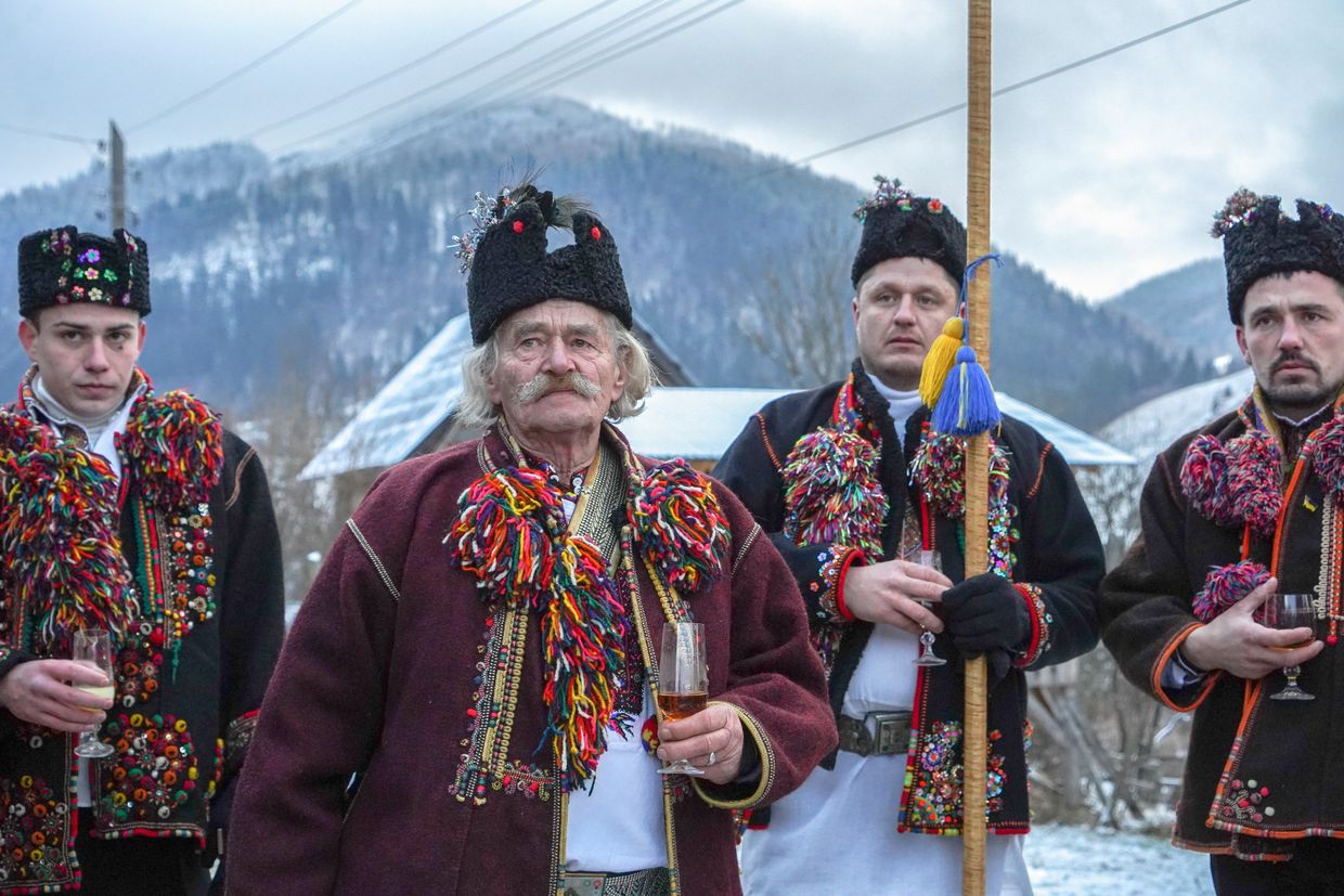 Carollers celebrate Christmas Day Koliada in Kryvorivnya village, Ivano-Frankivsk Oblast, Ukraine on Dec. 25, 2024.