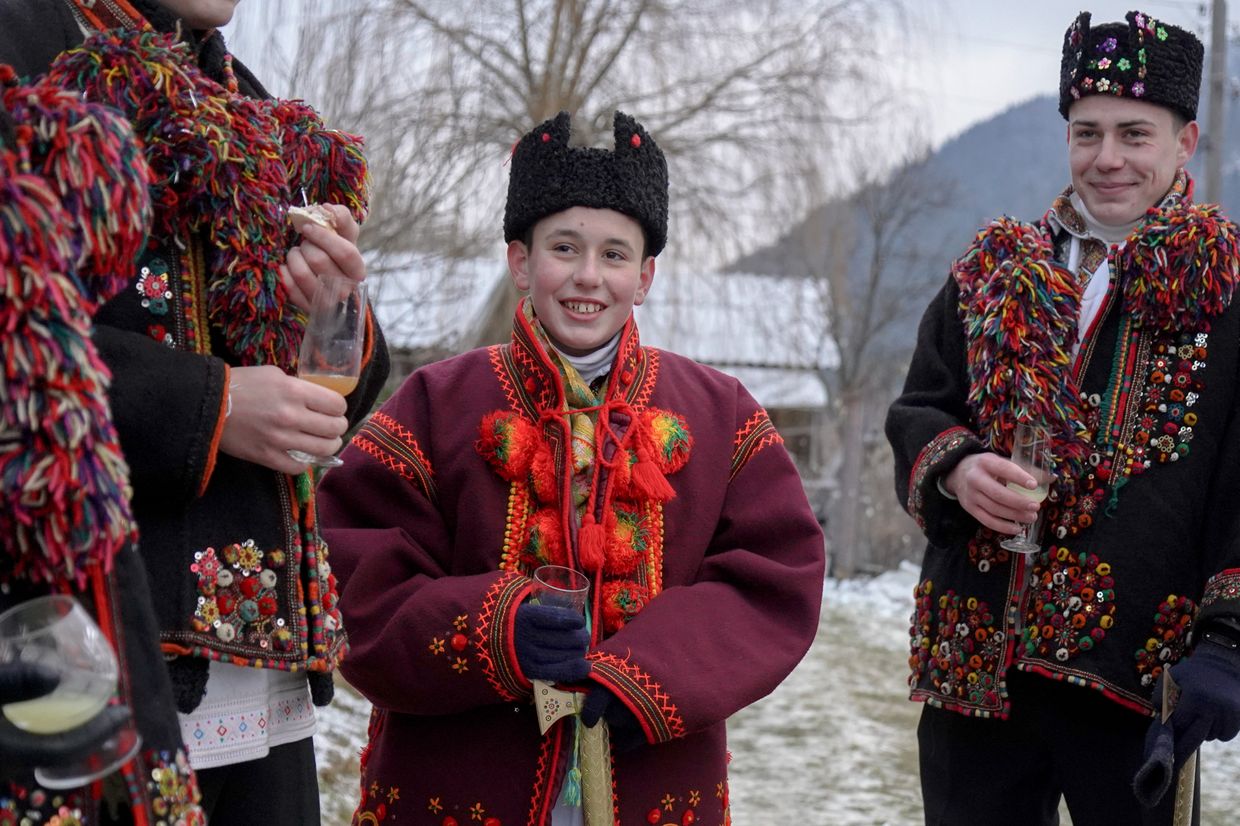 Carollers celebrate Christmas in Kryvorivnya village, Ivano-Frankivsk Oblast, Ukraine on Dec. 25, 2024.