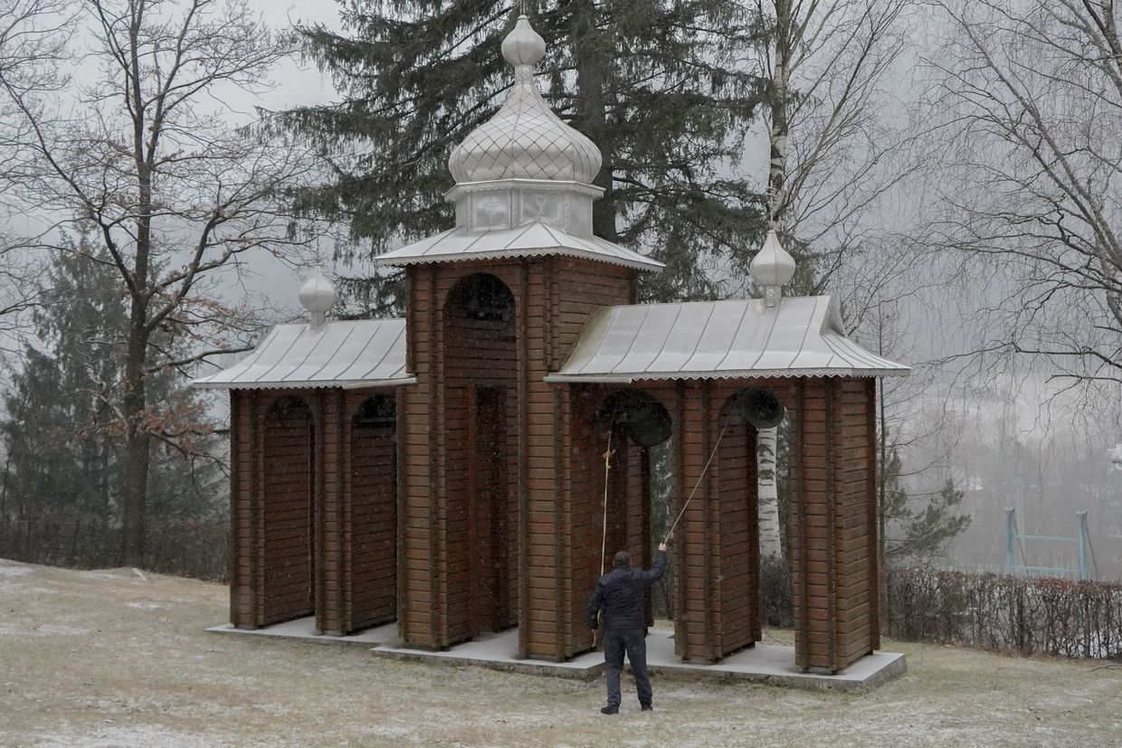 A man rings church bells in Kryvorivnya village, Ivano-Frankivsk Oblast, Ukraine on Dec. 24, 2024. 