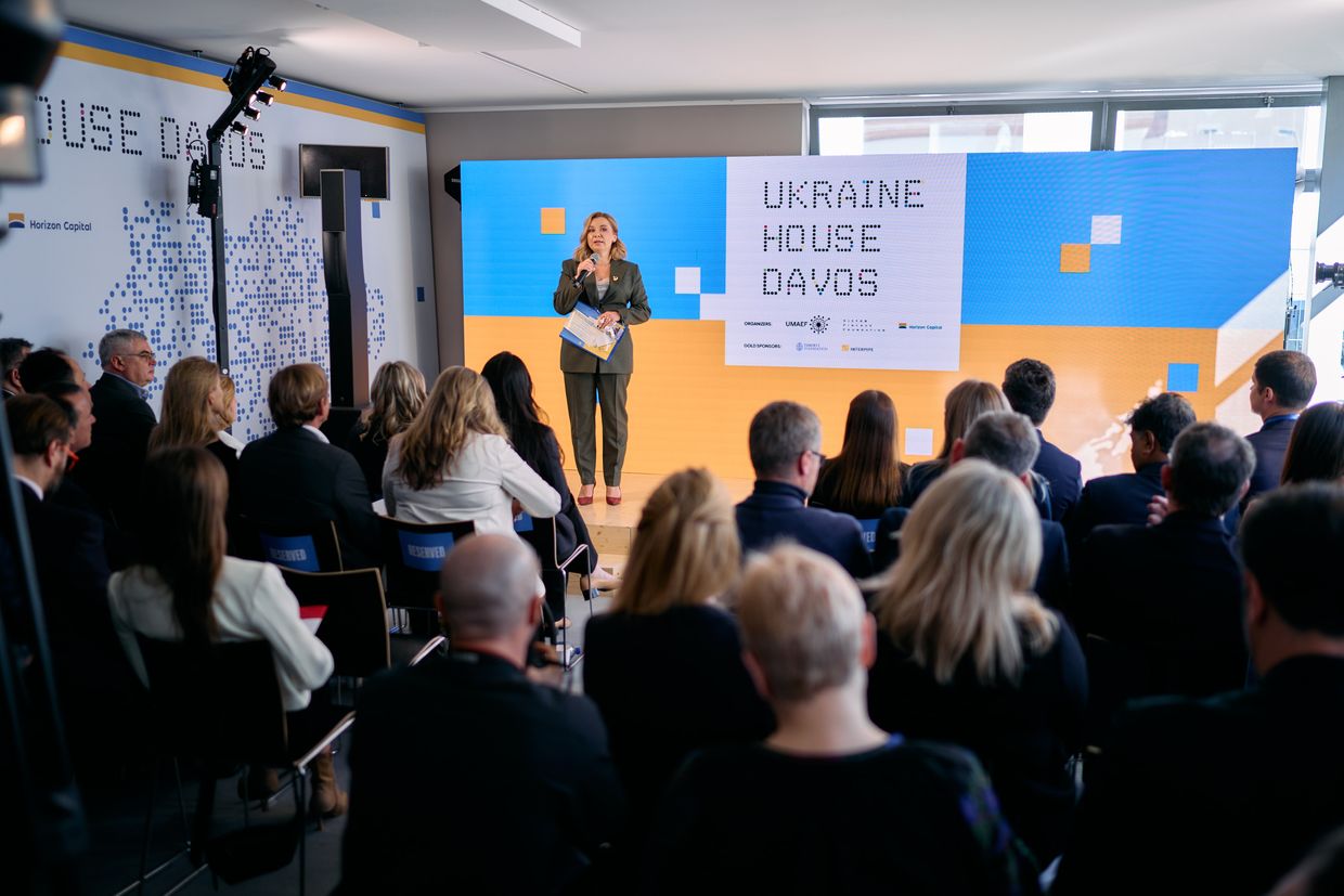  Ulyana Khromyak speaks on stage at Ukraine House Davos in Davos, Switzerland, on Jan. 21, 2025.