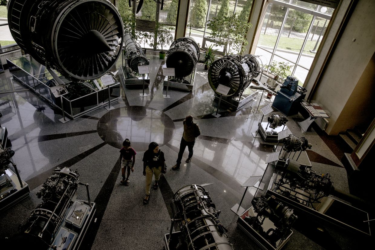 Aircraft engines are displayed at the Motor Sich Aviation Museum in Zaporizhzhia, Ukraine, on July 1, 2022. 