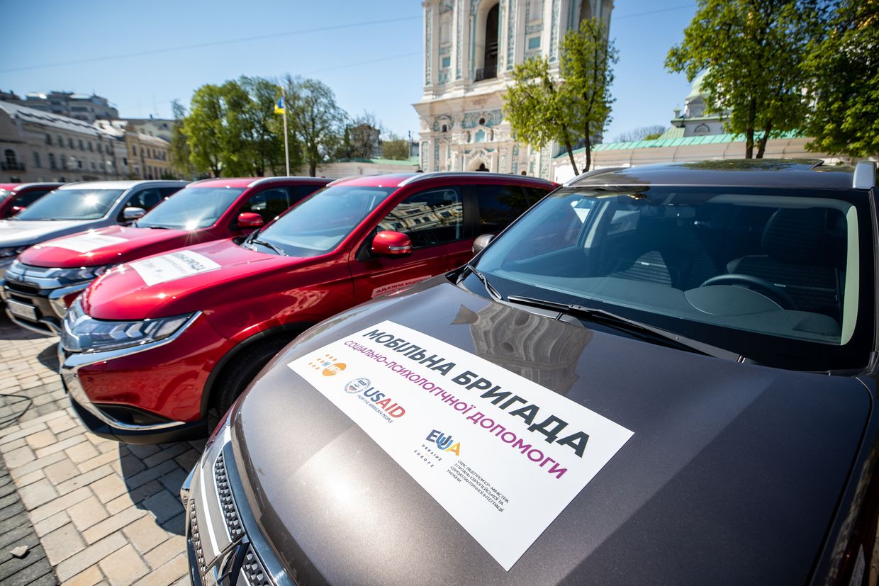 Cars are parked on Saint Michael’s Square during a handover ceremony by the UN Population Fund in Kyiv, Ukraine, on April 25, 2023.