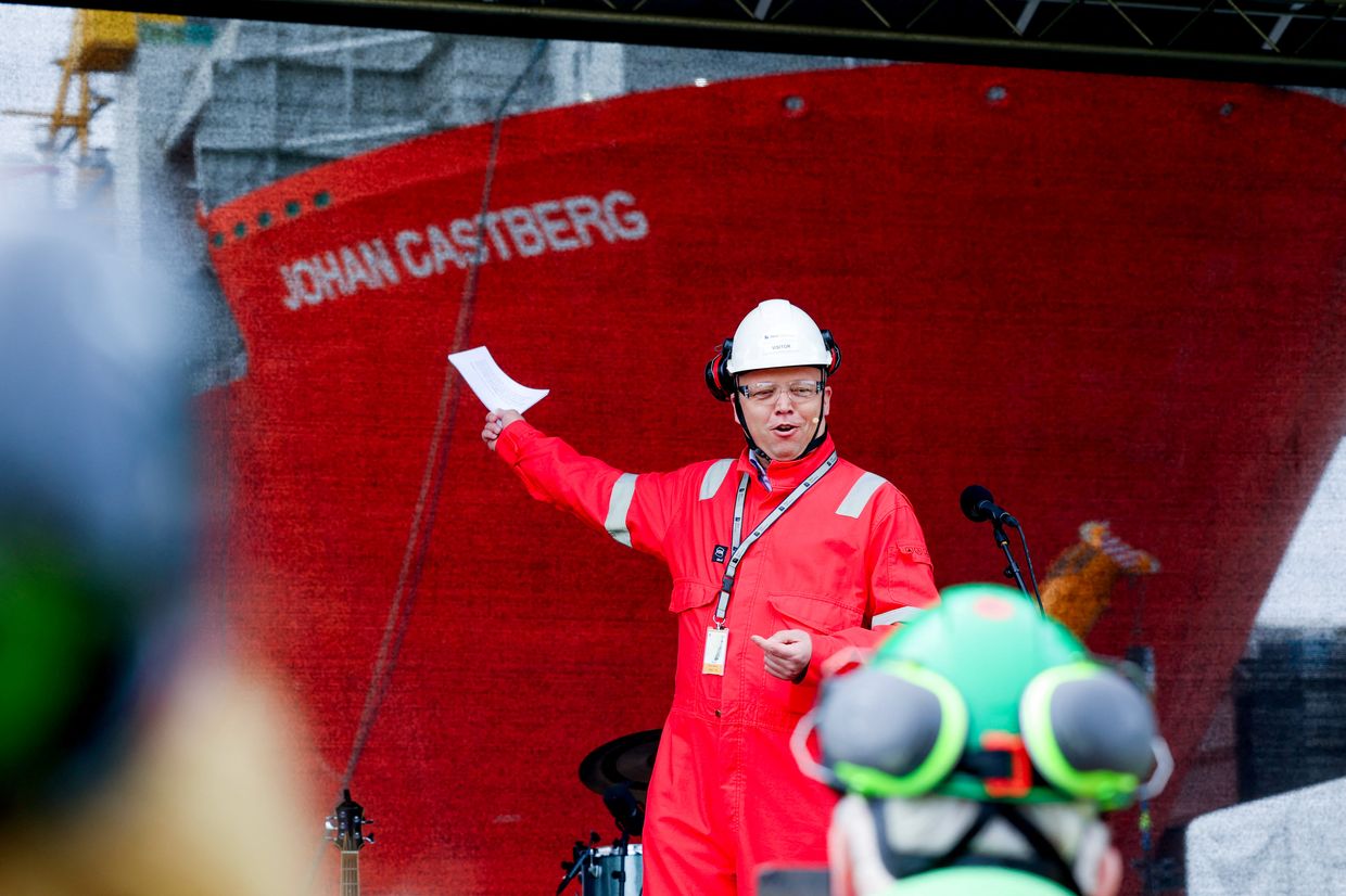 Norwegian Finance Minister Trygve Slagsvold Vedum speaks at Aker Solutions' shipyard in Stord, Norway, on May 7, 2024.