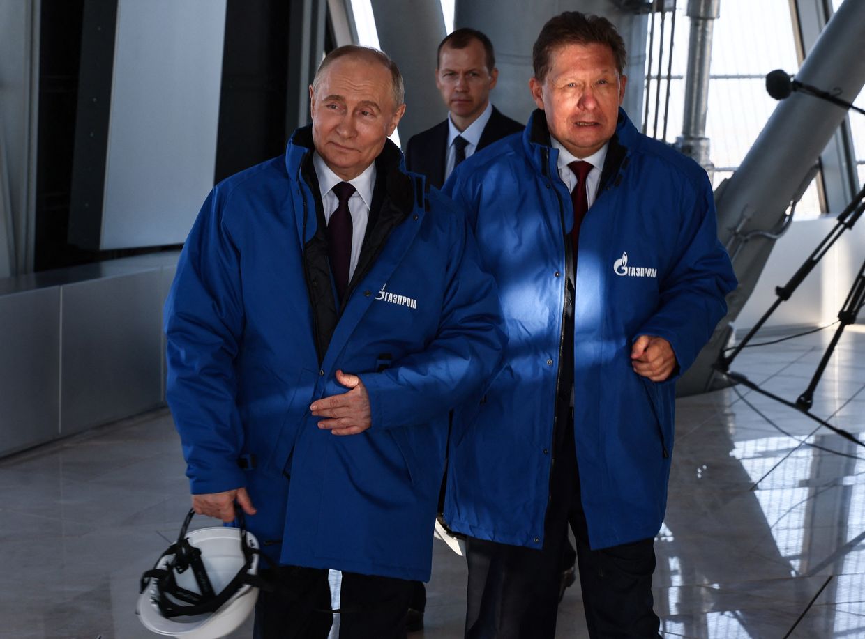 Russian President Putin and Gazprom CEO Alexei Miller visit the Lakhta Centre headquarters in Saint Petersburg, Russia, June 5, 2024.