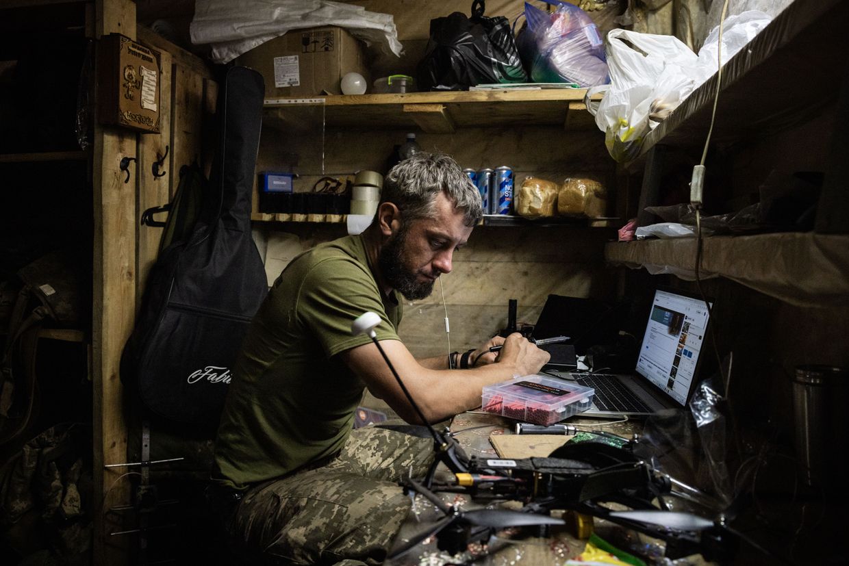  A soldier fixes a drone underground at a Ukrainian military position in Kursk Oblast, Russia, Aug. 18, 2024.