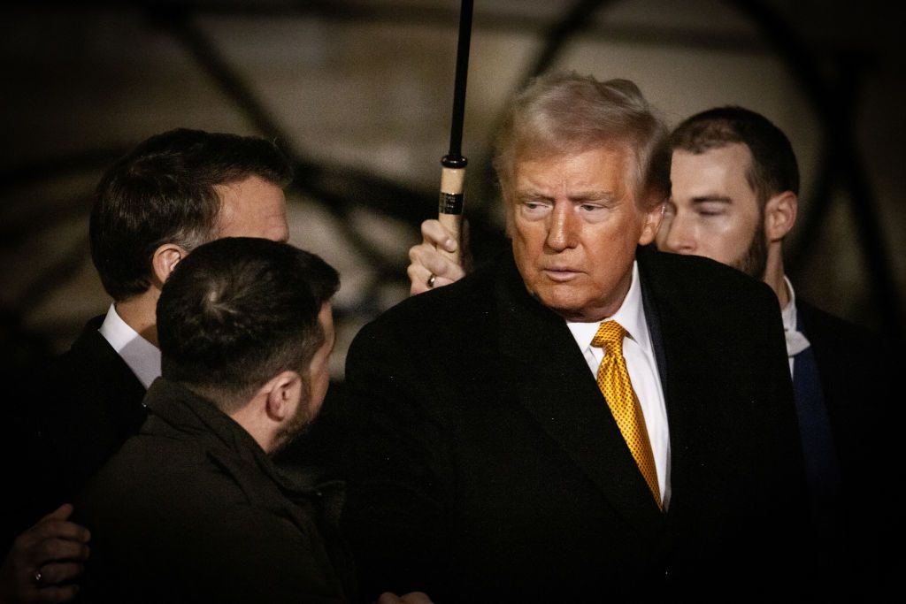 U.S. President-elect Donald Trump speaks with Ukrainian President Volodymyr Zelensky in Paris, France, on Dec. 7, 2024.