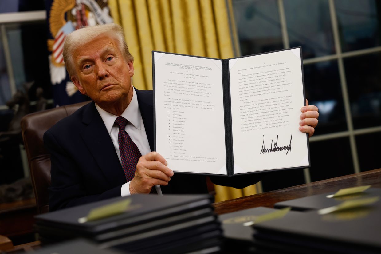  President Trump signs executive orders in the Oval Office, Washington, DC, on Jan. 20, 2025, starting his second term.