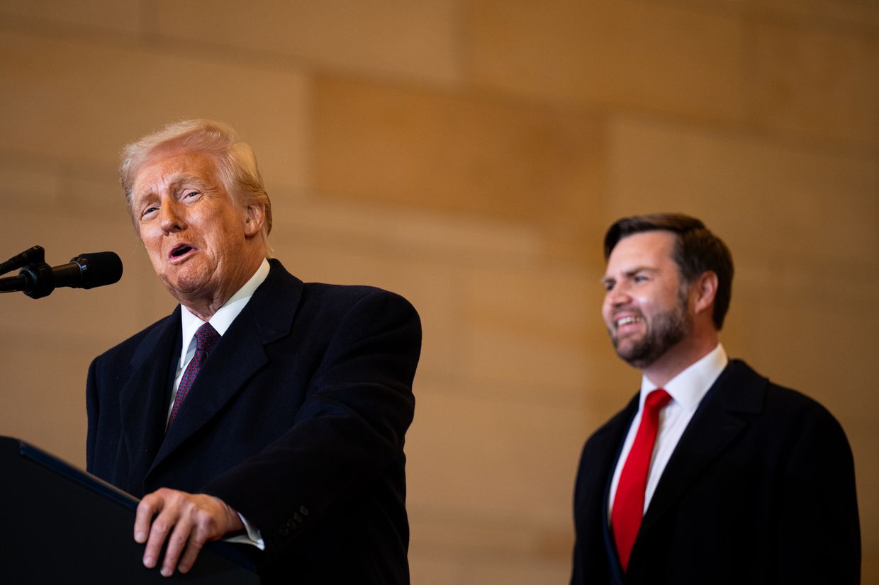 Trump speaks as VP JD Vance looks on in the VIP area in Emancipation Hall after his inauguration at the U.S. Capitol, Jan. 20, 2025.