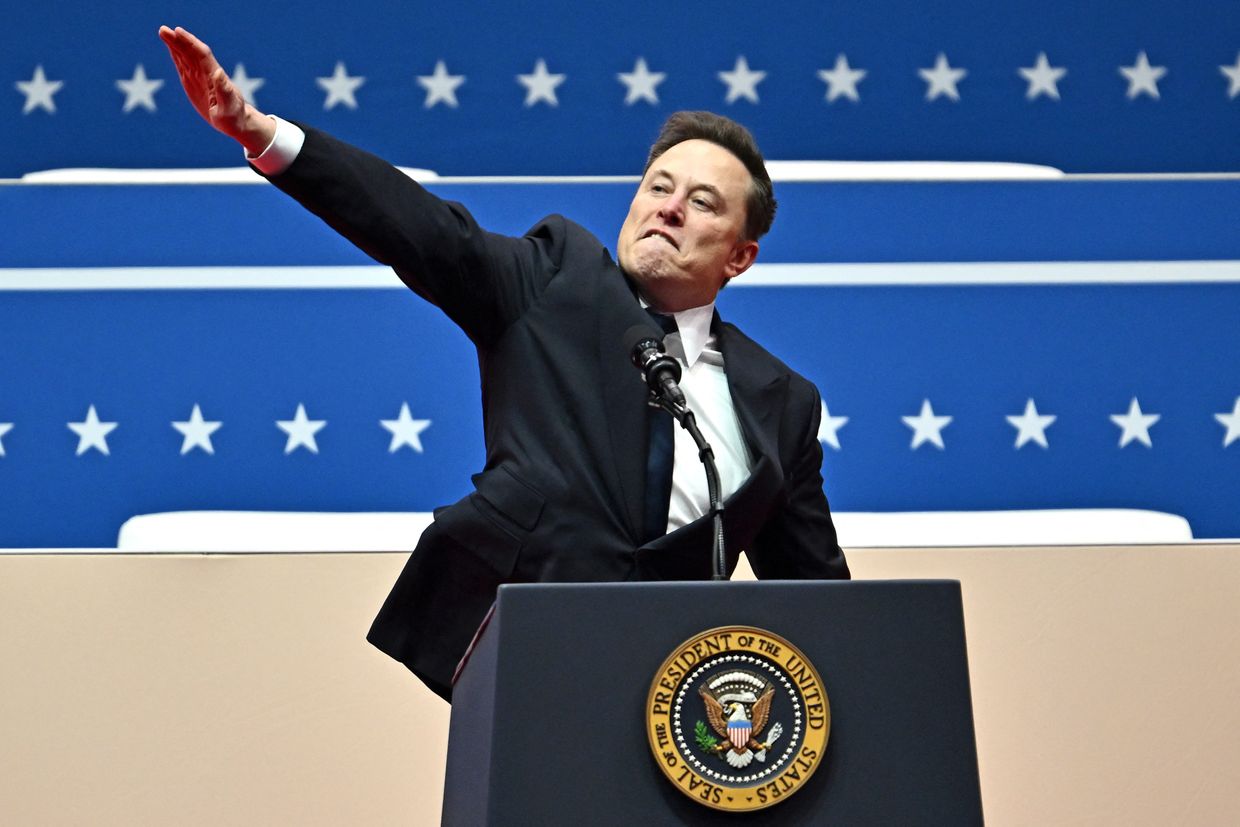  Tesla and SpaceX CEO Elon Musk gestures while speaking at the inaugural parade at Capitol One Arena, Washington, on Jan. 20, 2025.