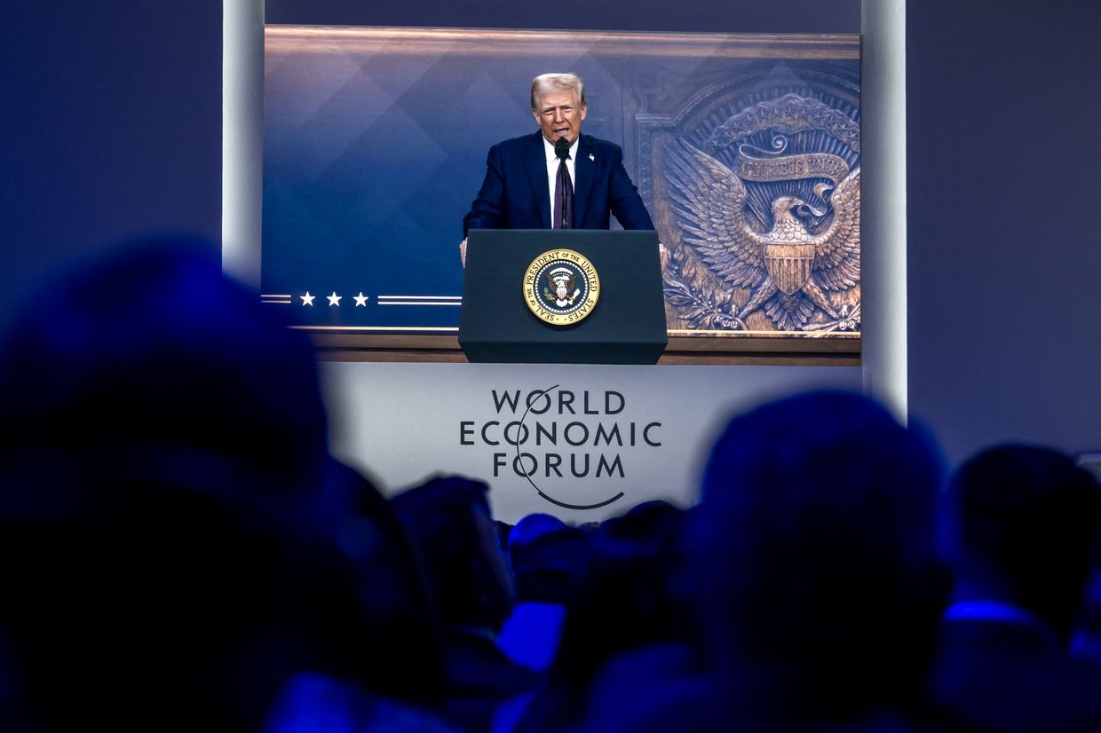 U.S. President Donald Trump is seen on a giant screen during his address by video conference at the World Economic Forum in Davos, Switzerland, on Jan. 23, 2025.