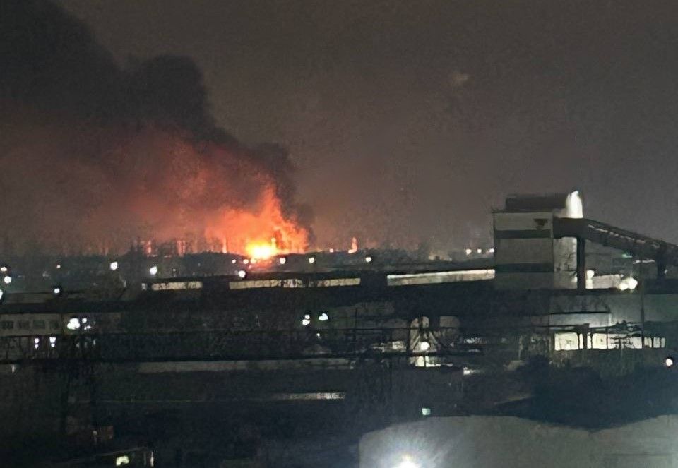 A purported image of a fire burning at the Tuapse oil refinery in Krasnodar Krai, Russia following a reported attack by Kyiv on March 14, 2025. 