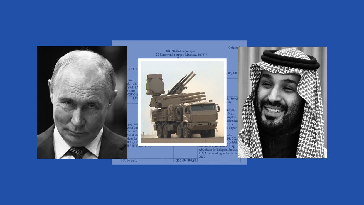  A collage features the Pantsir, an invoice from Rosoboronexport, and portraits of Vladimir Putin and Mohammed Bin Salman.