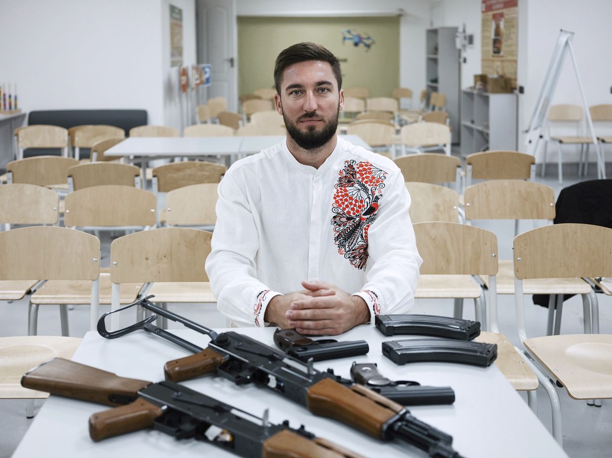 Volodymyr Komlyk, a reserve officer in the Ukrainian Armed Forces and teacher of the “Defense of Ukraine” in Kaharlyk, Kyiv Oblast, on Oct. 1, 2024. 