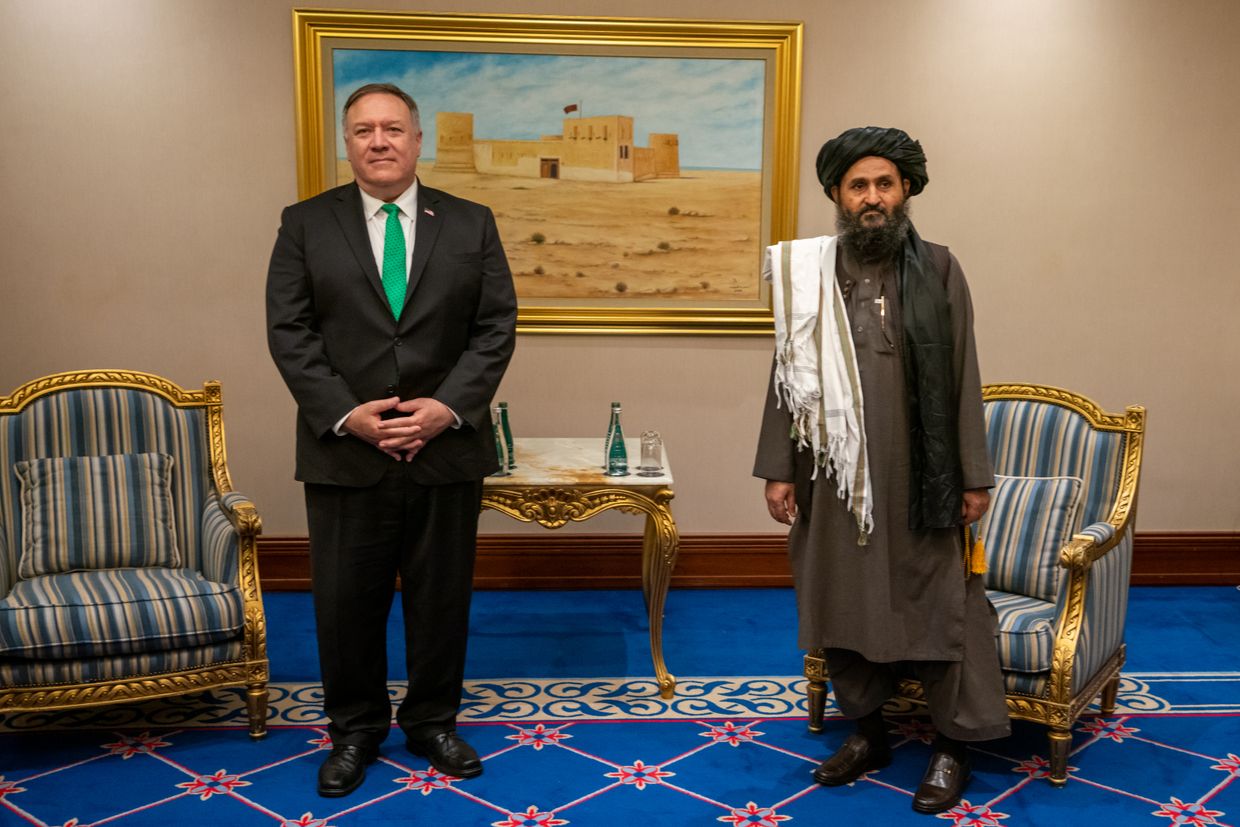 U.S. Secretary of State Michael R. Pompeo meets with Taliban political affairs chief Mullah Abdul Ghani Baradar in Doha, Qatar, on Sept. 12, 2020. 