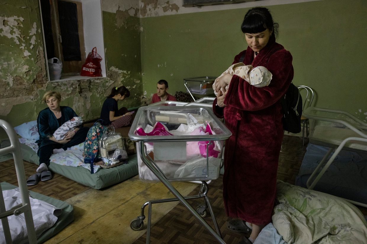 Mothers with newborns in a shelter at a maternity hospital in Kyiv, Ukraine, on March 24, 2022. 