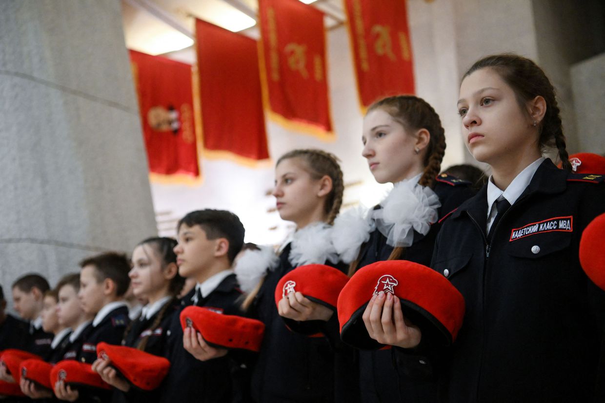 Russian teenagers take part in a ceremony to join the patriotic Youth Army cadet movement in the main hall of the Stalingrad Battle Museum in Volgograd, Russia, on Jan. 25, 2023. (Kirill Kudryavtsev / AFP via Getty Images)Russian teenagers take part in a ceremony to join the patriotic Youth Army cadet movement in the main hall of the Stalingrad Battle Museum in Volgograd, Russia, on Jan. 25, 2023. 