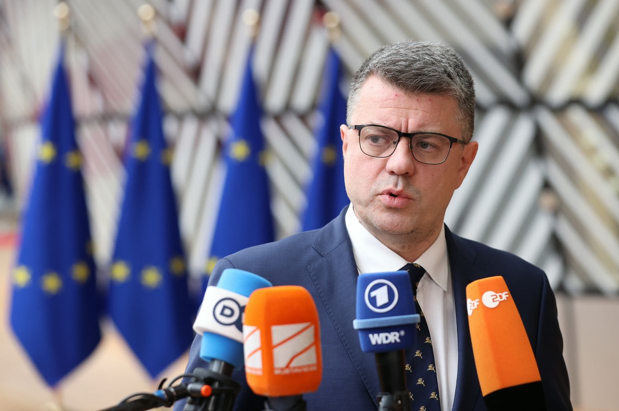 Estonian Foreign Minister Urmas Reinsalu speaks to the press during a meeting of EU foreign ministers at the EU Council headquarters in Brussels, Belgium, on March 20, 2023. 