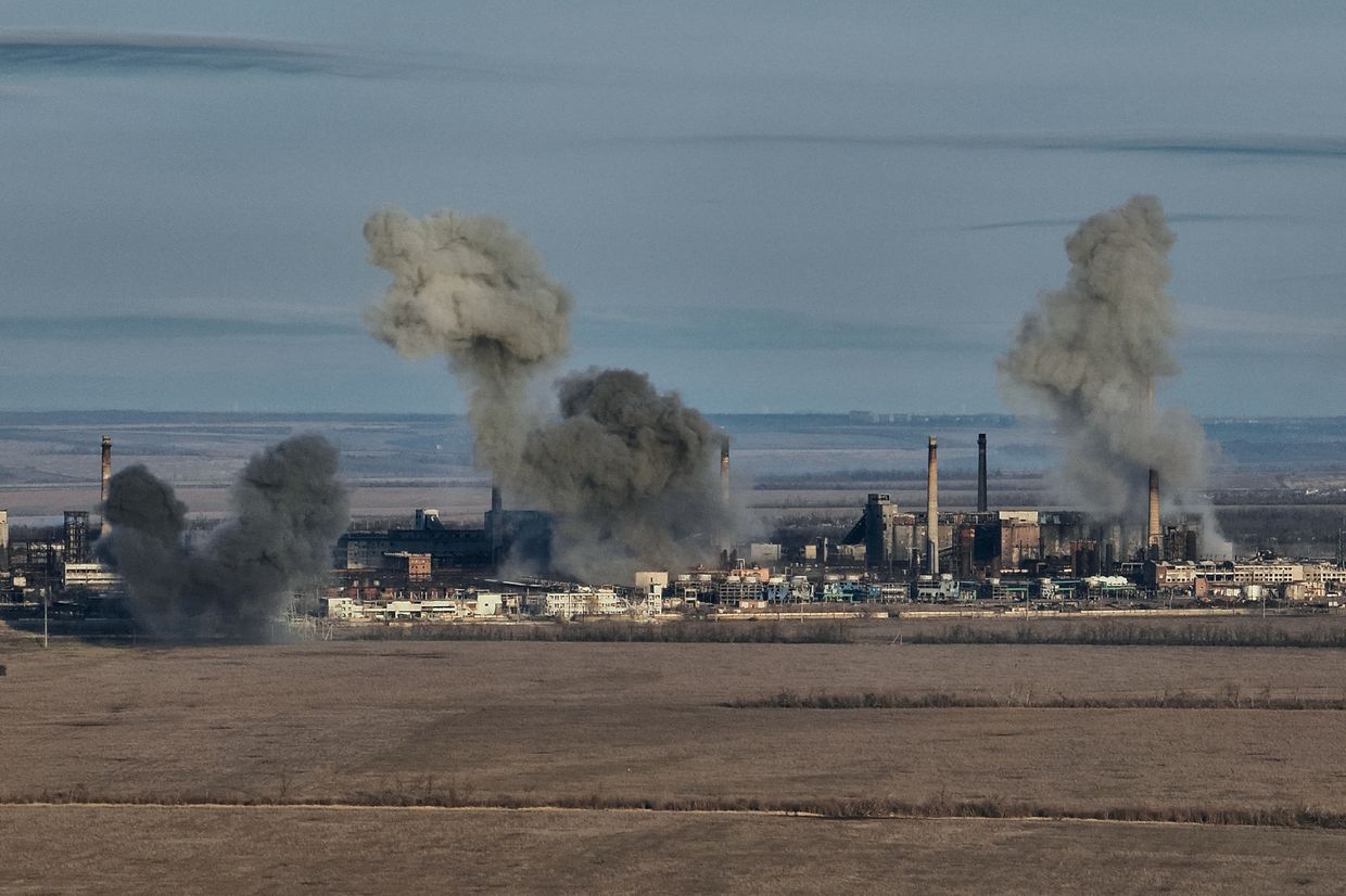 A general view of smoke rising from the Avdiivka Coke and Chemical Plant in Avdiivka district, Ukraine, on Feb. 15, 2024.