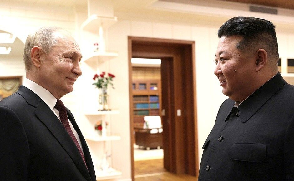 Vladimir Putin meets Kim Jong-un upon his invitation in Pyongyang, North Korea on June 18, 2024.