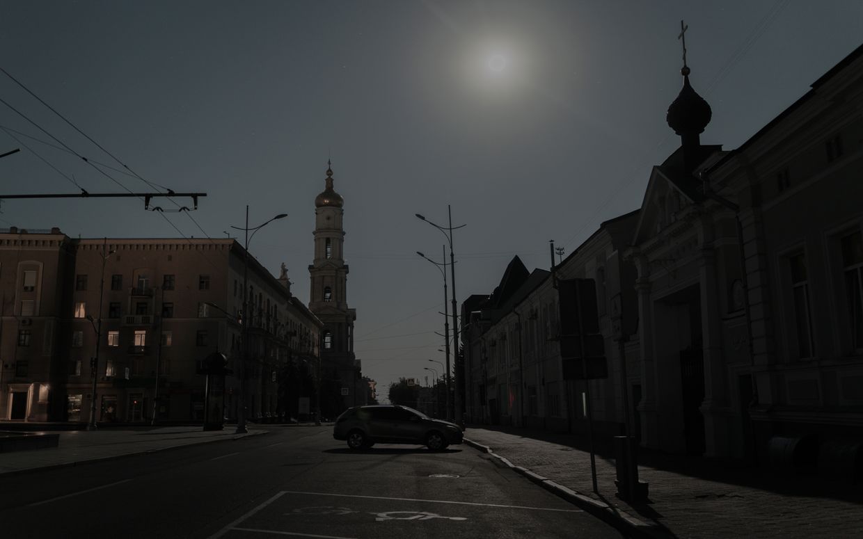 A view of Kharkiv, Ukraine, at night during curfew on Aug. 23, 2024.