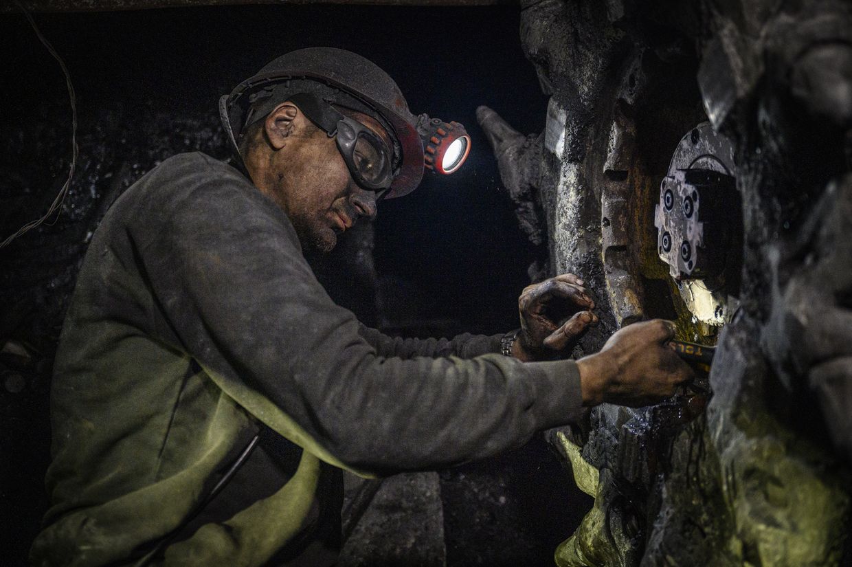 A miner works underground at the Metinvest BV Pokrovs'ke coal mine near Pokrovsk, Ukraine, on Oct. 25, 2024.