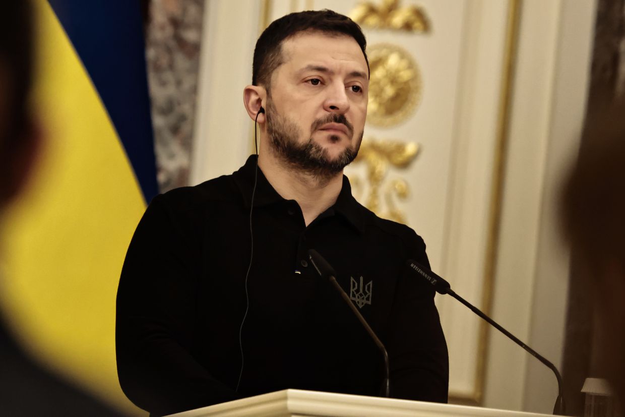 Ukrainian President Volodymyr Zelensky attends a press conference in Kyiv, Ukraine, on Jan. 25, 2025. 