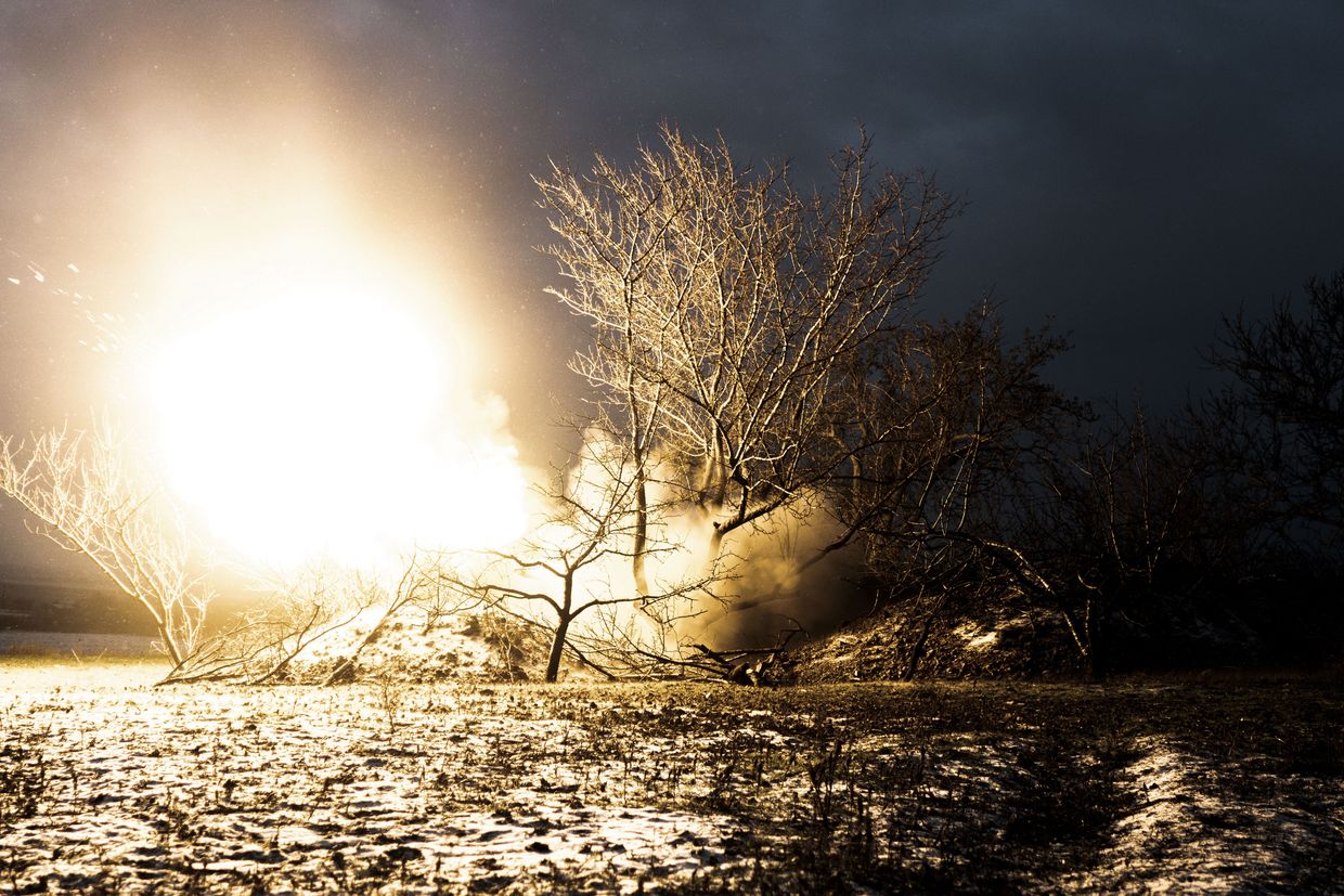 A howitzer is seen in action on the Kurakhove front in Donetsk Oblast, Ukraine, on Feb. 3, 2025. 