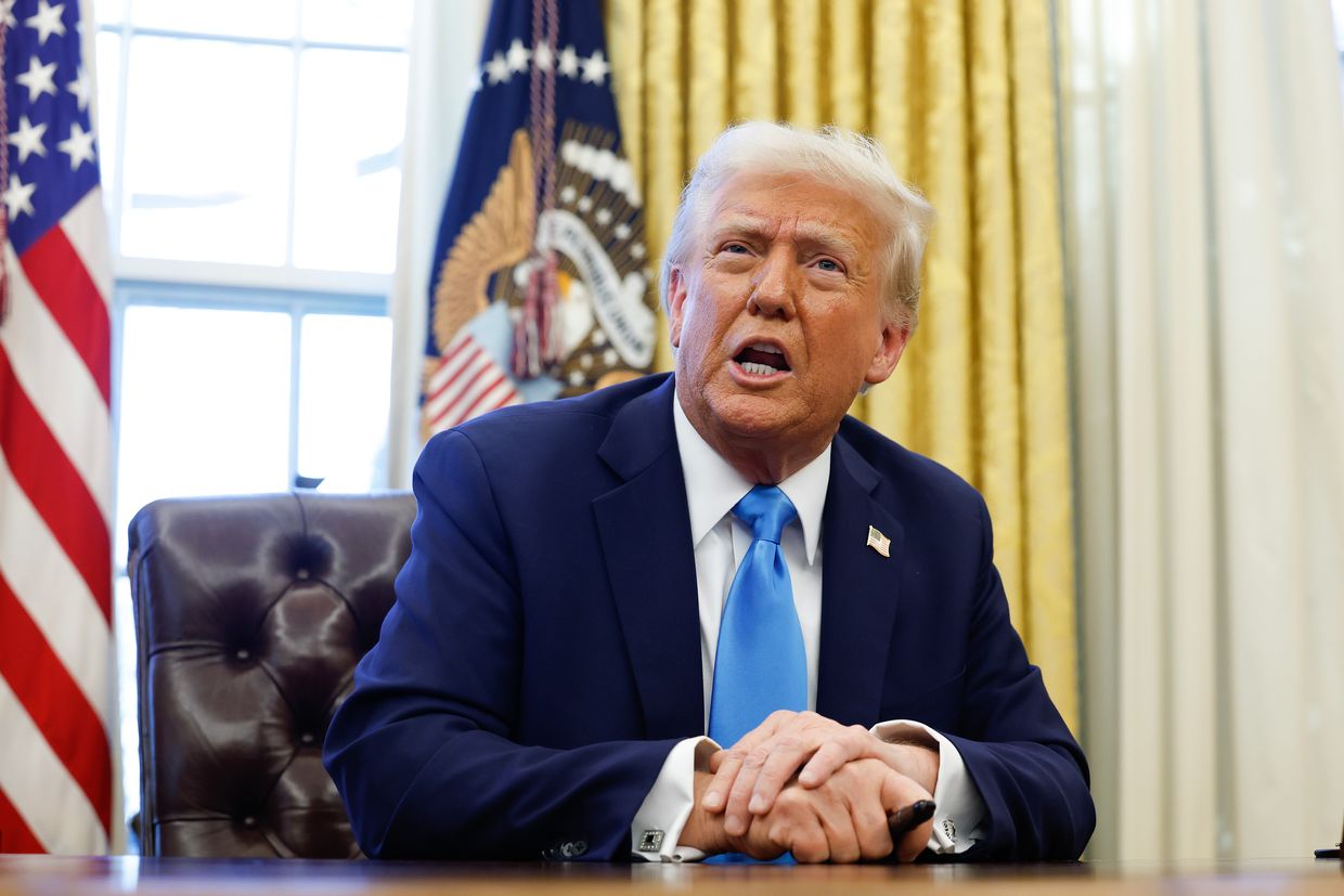 U.S. President Donald Trump speaks with reporters in the Oval Office of the White House in Washington, D.C. on Feb. 4, 2025.