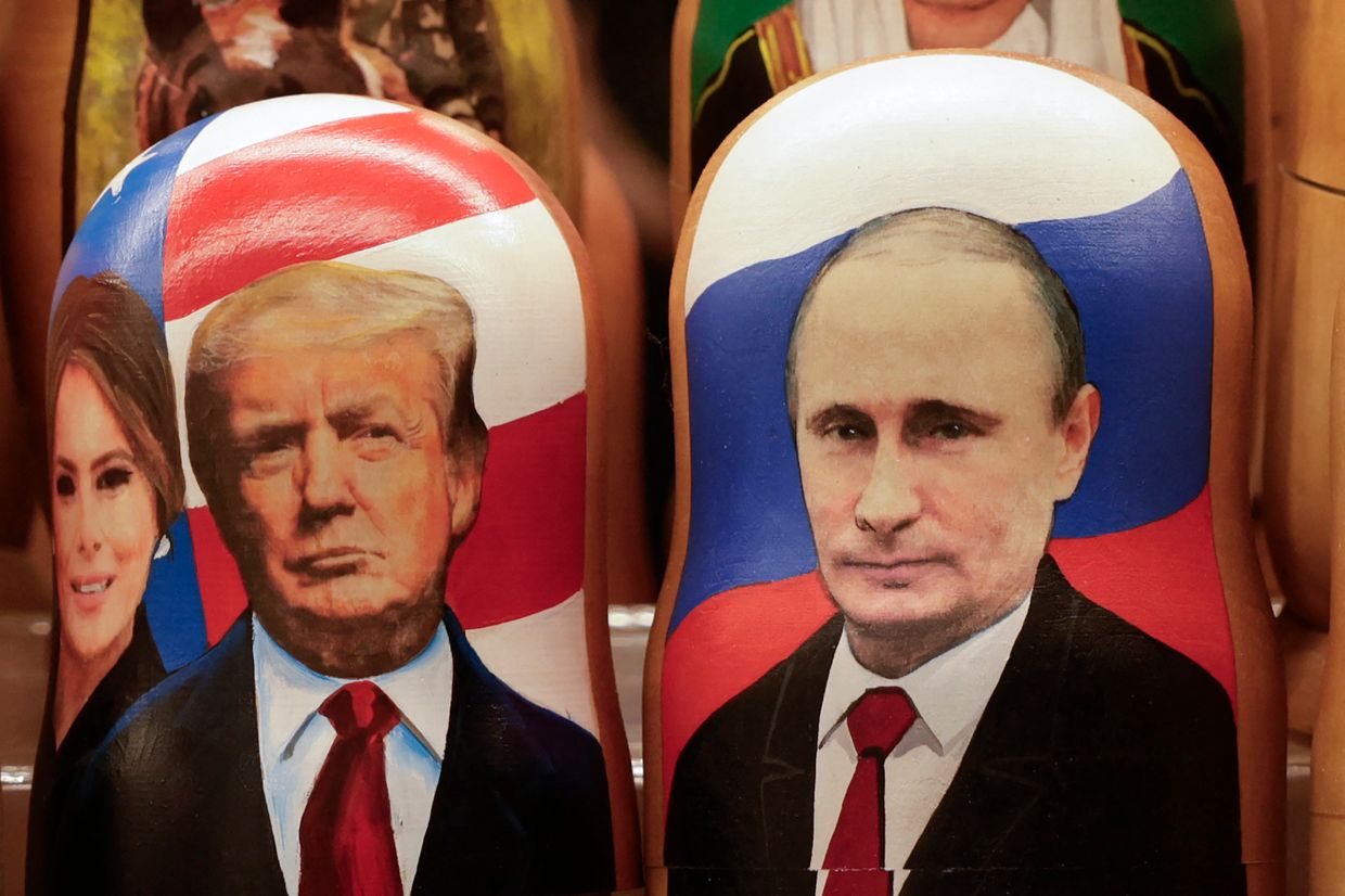 Matryoshka dolls, depicting Russian President Vladimir Putin, U.S. President Donald Trump, and Melania Trump are displayed for sale at a gift shop on Arbat Street in Moscow, Russia, on Feb. 13, 2025.