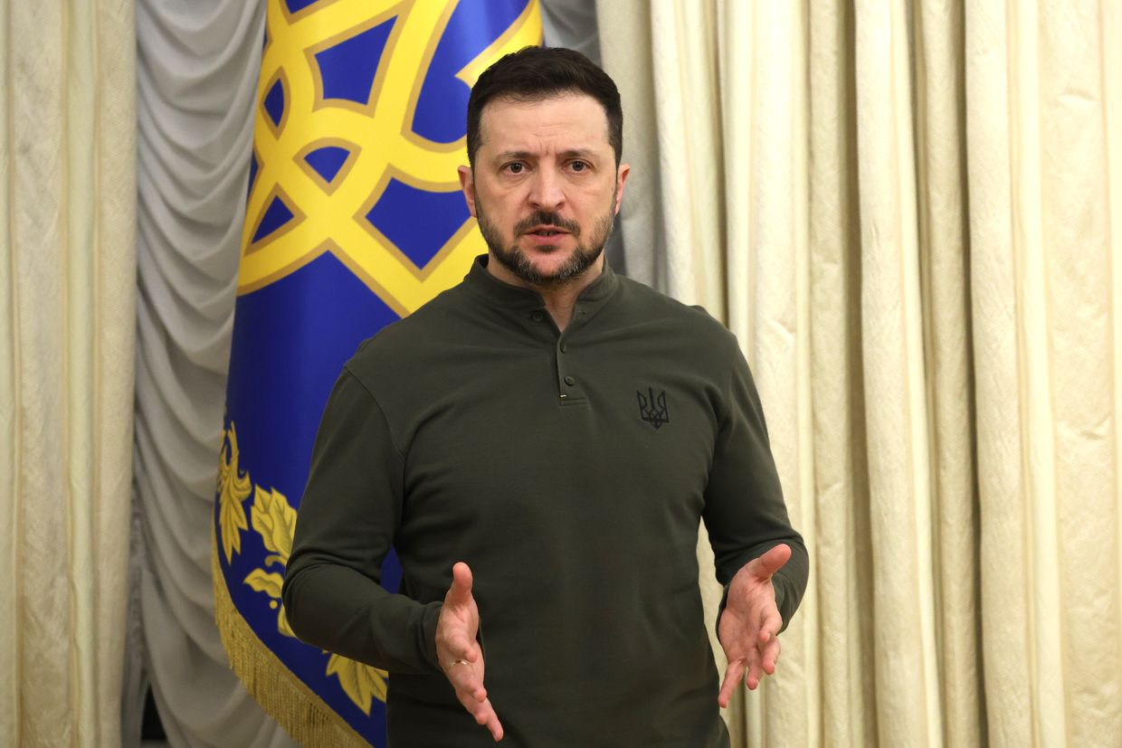 President Volodymyr Zelensky speaks in Kyiv, Ukraine, on Feb. 10, 2025. 