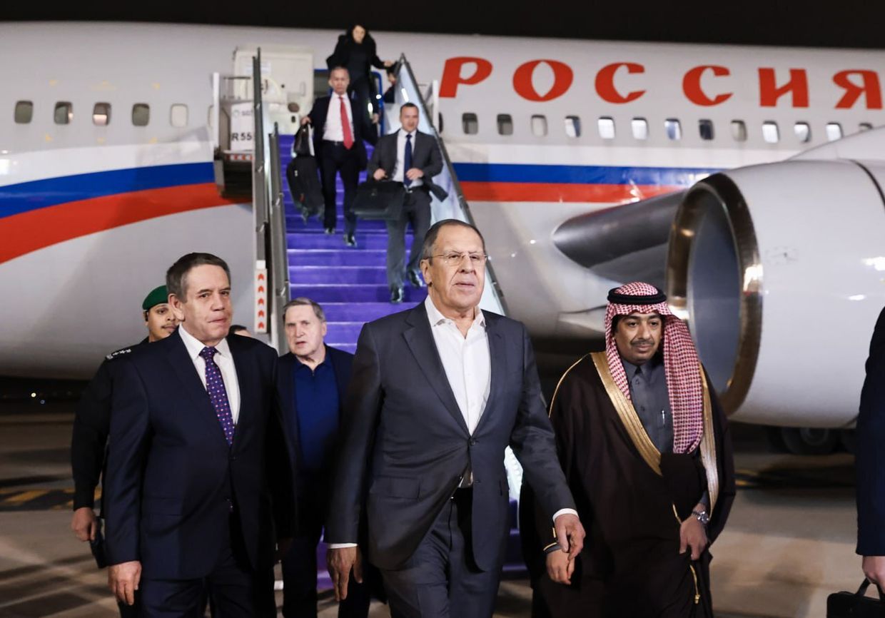 The Russian delegation, led by Foreign Minister Sergey Lavrov (front), arrives in Riyadh, Saudi Arabia, to meet with their American counterparts on Feb. 17, 2025.