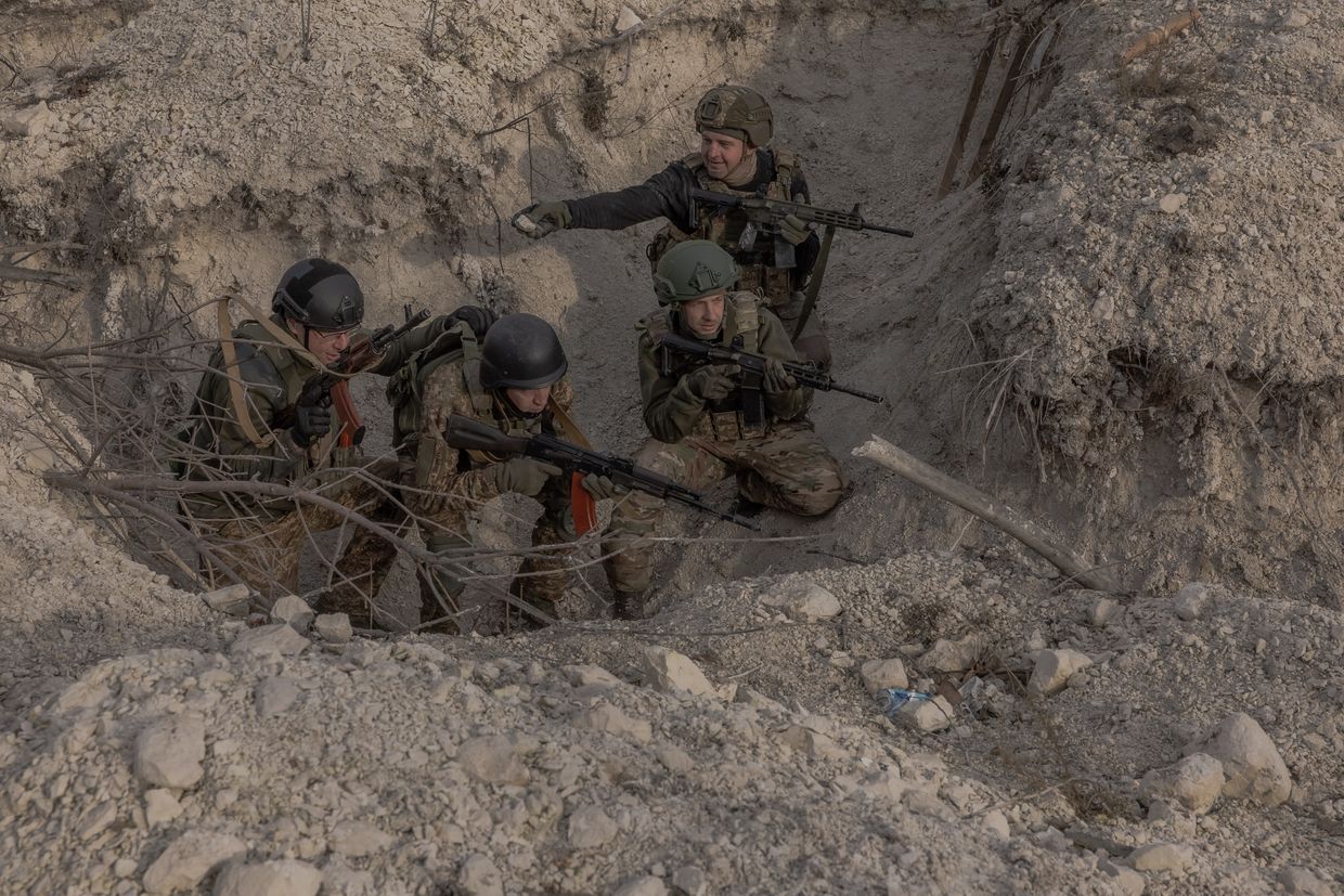 A Ukrainian serviceman of the Azov Brigade takes part in military training in Donetsk Oblast, Ukraine, on Feb. 3, 2025.