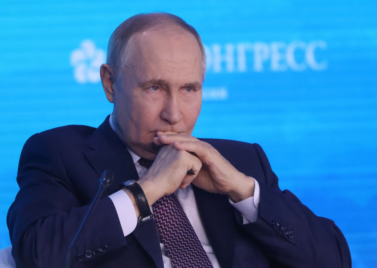 Russian President Vladimir Putin grimaces during the Forum of Future Technologies in Moscow, Russia, on Feb. 21, 2025. 