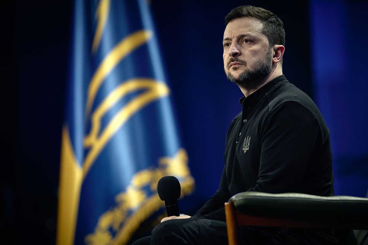 President Volodymyr Zelenskyy answers questions from the media during a press conference in Kyiv, Ukraine, on Feb. 23, 2025. 