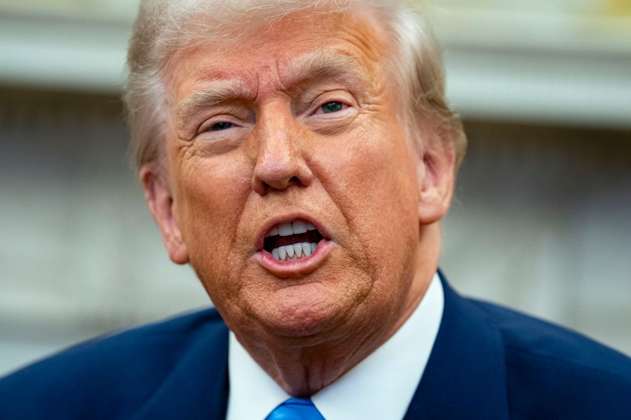 U.S. President Donald Trump speaks during a meeting with French President Emmanuel Macron in the Oval Office in Washington, D.C., on Feb. 24, 2025. 