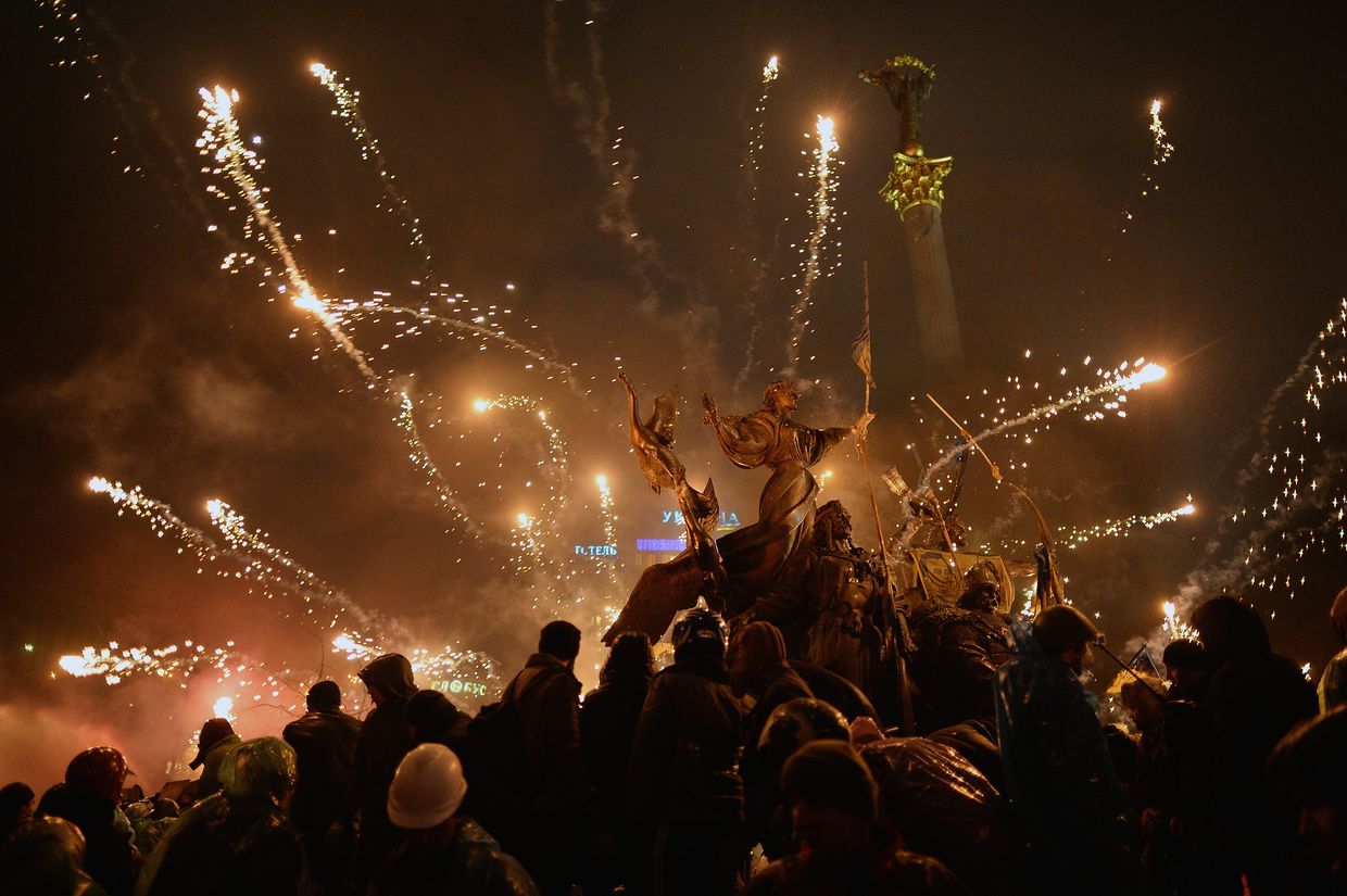 Protesters set off fireworks during demonstrations in Independence Square, Kyiv, Ukraine, on Feb. 19, 2014.