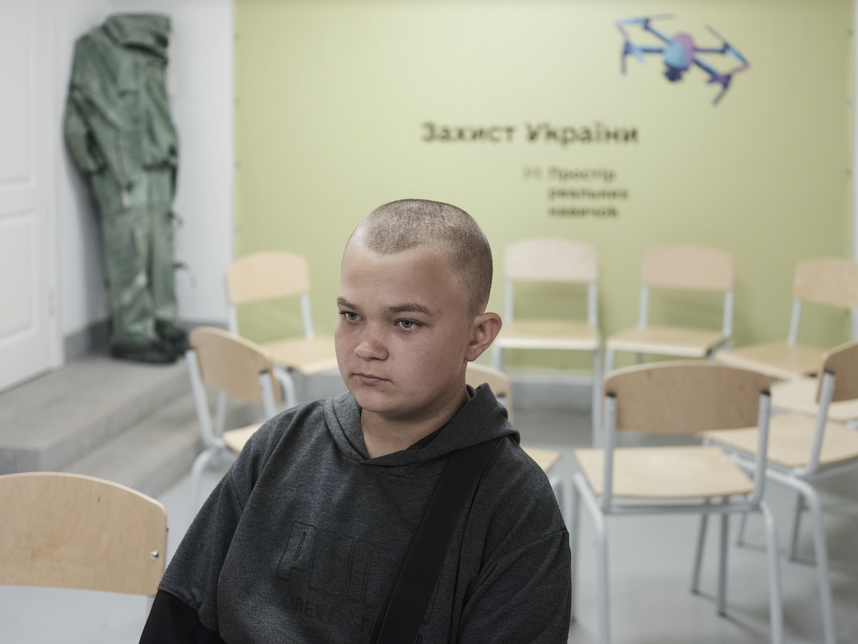 Rostyslav, one of the schoolchildren, prior to the “Defense of the Homeland” lesson in Kaharlyk, Kyiv Oblast, on Oct. 1, 2024. 