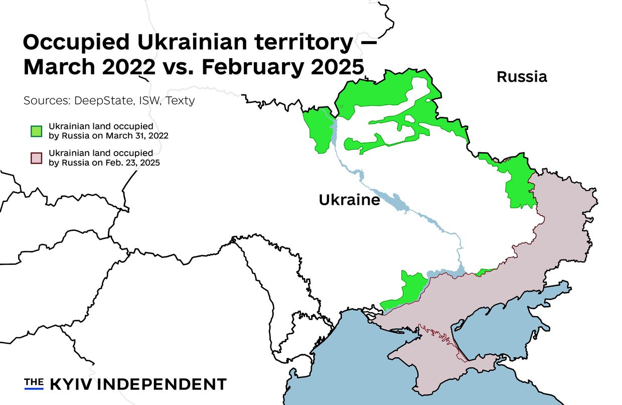 The map of occupied Ukrainian territory - March 2022 vs. February 2025.