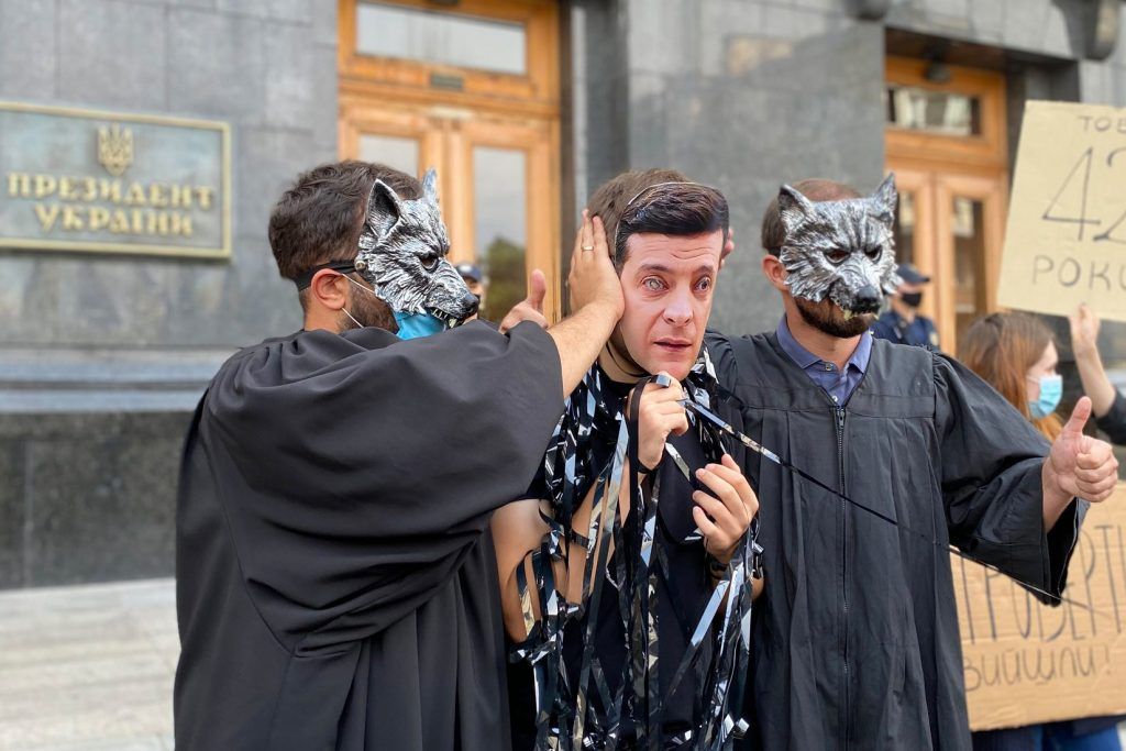 Activists stage a protest against judicial corruption near the President's Office in Kyiv, Ukraine on Sept. 3, 2020.