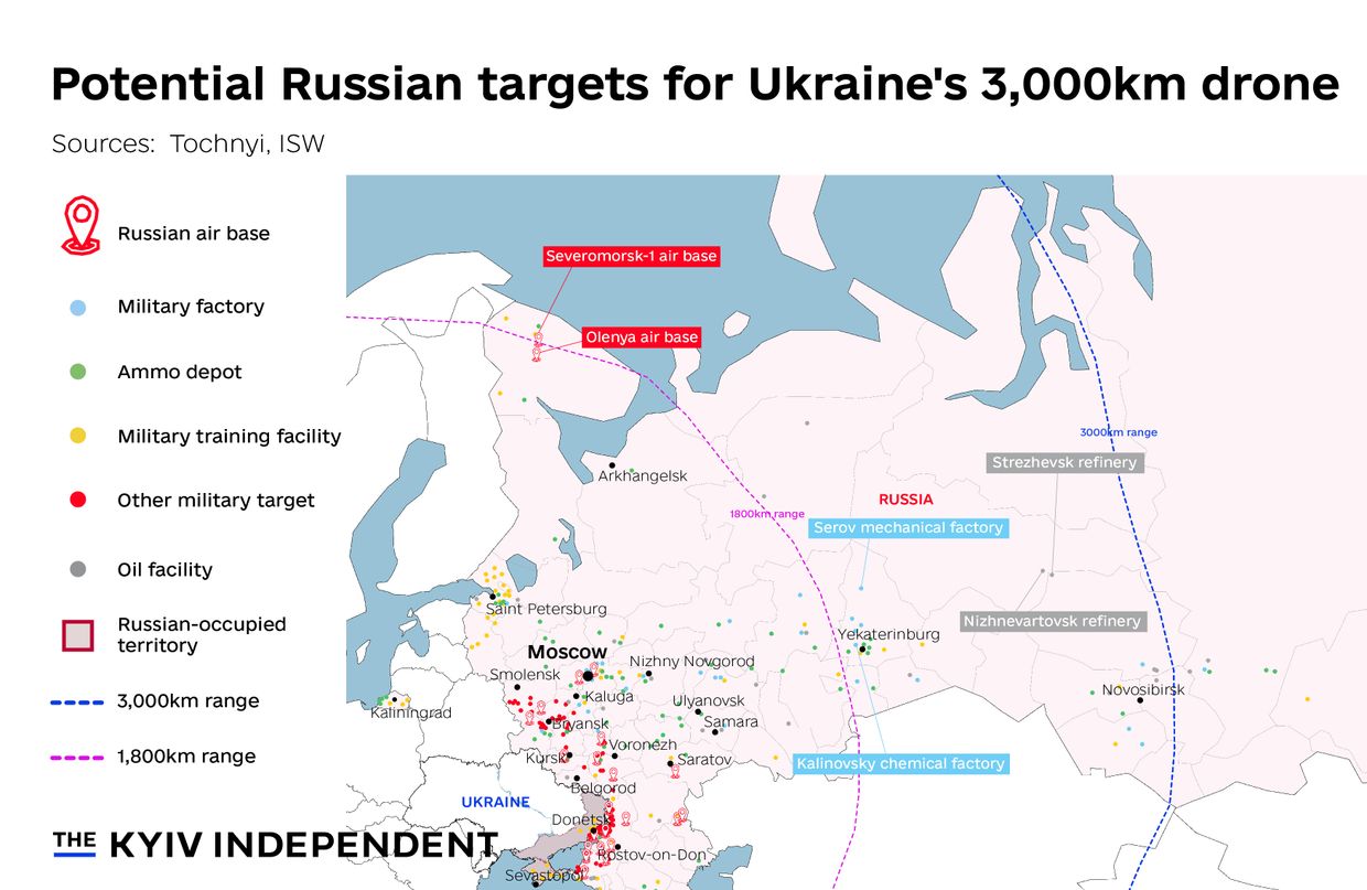 A map of potential targets for Ukraine's new 3,000km drone.