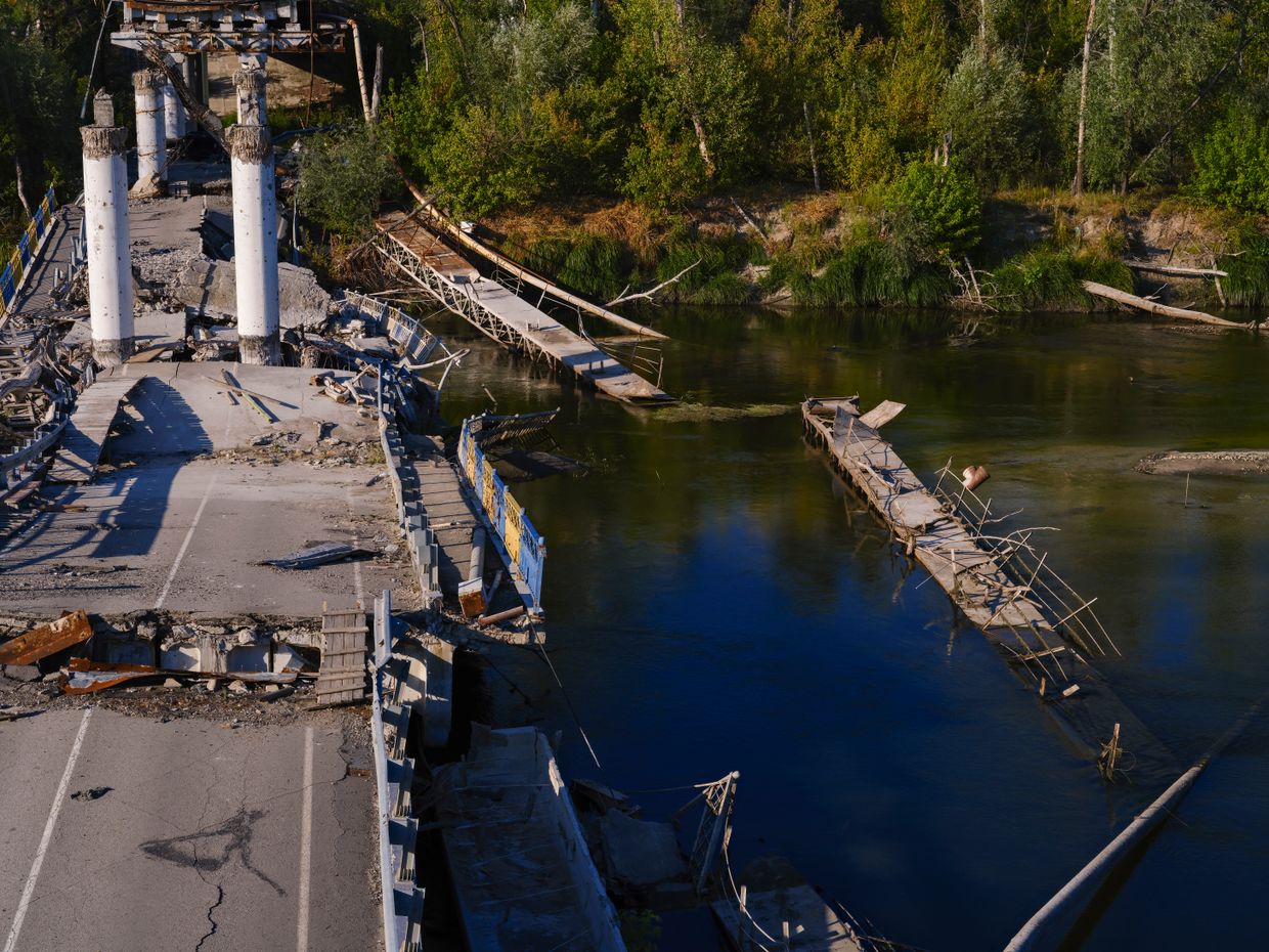 A destroyed bridge over the Siverskyi Donets River, Donetsk Oblast, Ukraine, in Aug. 2024. 