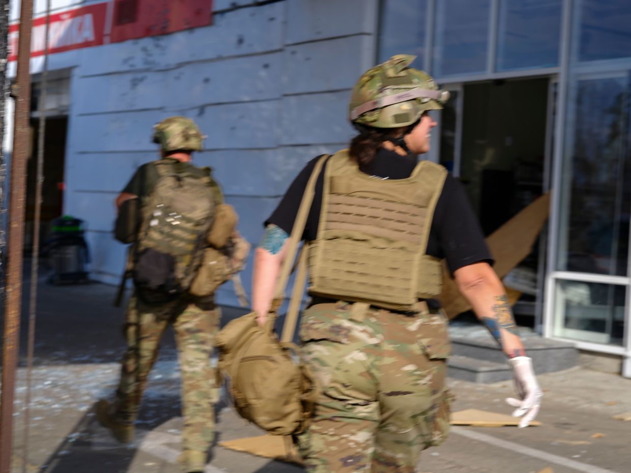 "Kuba" searches for the wounded at the site of a Russian KAB strike, Kharkiv Oblast, Ukraine, in Sept. 2024. 