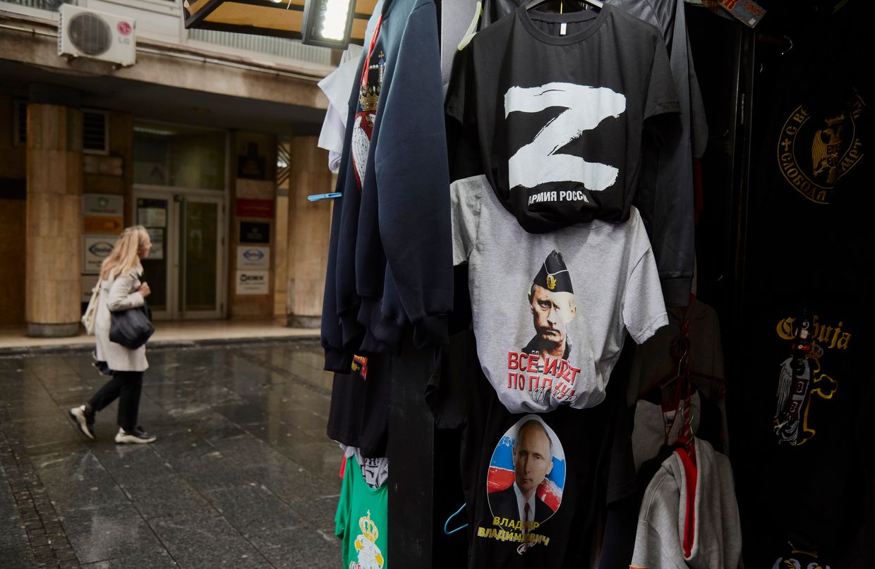 T-shirts picturing Russian president Vladimir Putin and the letter Z are for sale in Belgrade, Serbia, on March 31, 2022. 