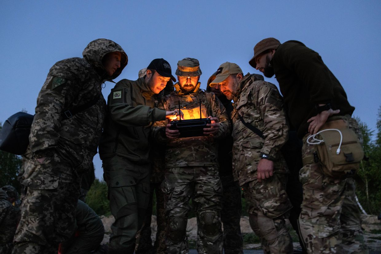 Ukrainian military personnel train to fly drones at night using thermal vision in Lviv Oblast, Ukraine, on May 11, 2023.