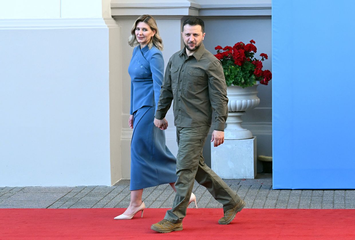 President Volodymyr Zelensky and his wife Olena attend a dinner hosted by Lithuanian President Gitanas Nauseda in Vilnius, Lithuania, on July 11, 2023. 