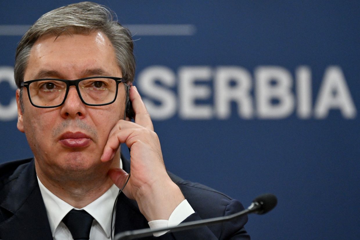 Serbian President Aleksandar Vucic attends a press conference with Turkey's President in Belgrade, Serbia, on Oct. 11, 2024. 