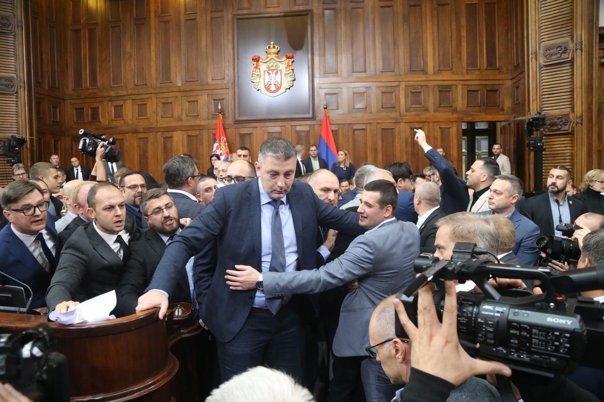 A fight broke out between opposition and ruling party members in the Serbian National Assembly over the Novi Sad train station tragedy in Belgrade, Serbia, on Nov. 25, 2024