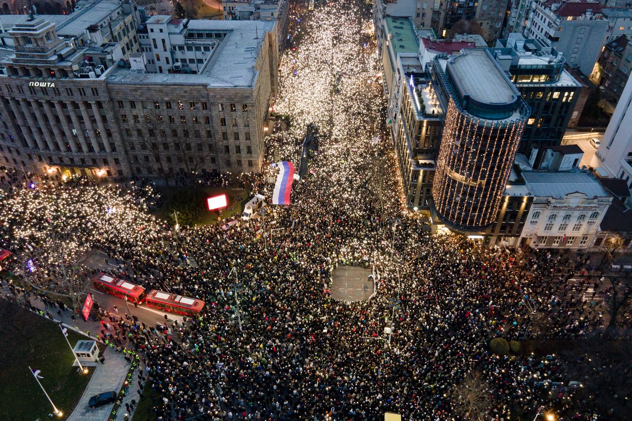 Demonstrators and students gather in front of Serbia's Constitutional Court in Belgrade on Jan. 12, 2025, demanding accountability for the Novi Sad railway station tragedy. 