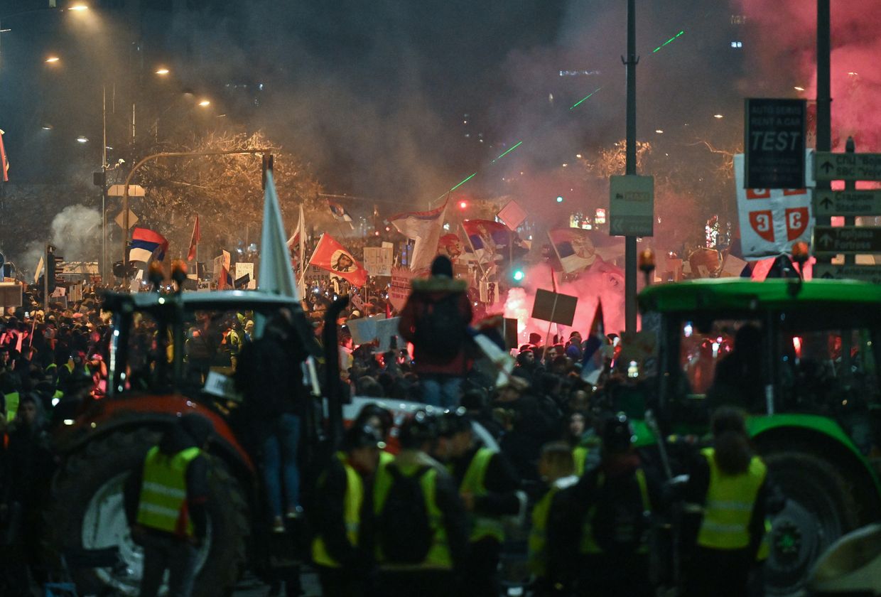 Tractors and protesters block the Bridge of Freedom during an anti-government demonstration in Novi Sad, Serbia, on Feb. 1, 2025.